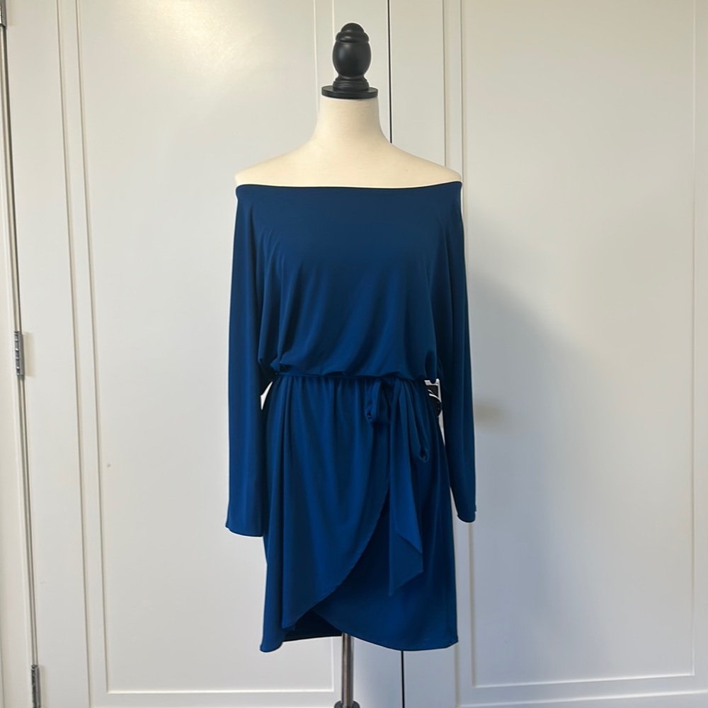 Off the shoulder mini drape dress w/ detachable wrap belt
